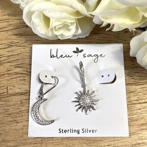 New Sterling Silver Dangle Earrings - Moon & Sun